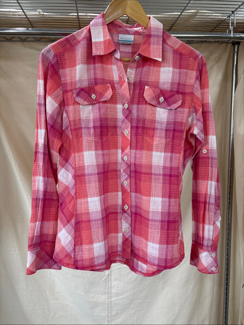 Columbia Pink and White Plaid Button-Down Shirt